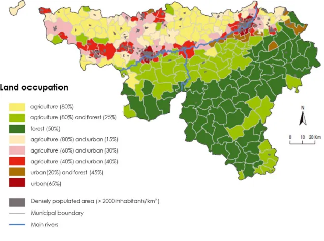 Figure 3 Map showing land use in Wallonia (South part of Belgium). The upper part of Wallonia  (north of the river) is mostly occupied by cropping systems