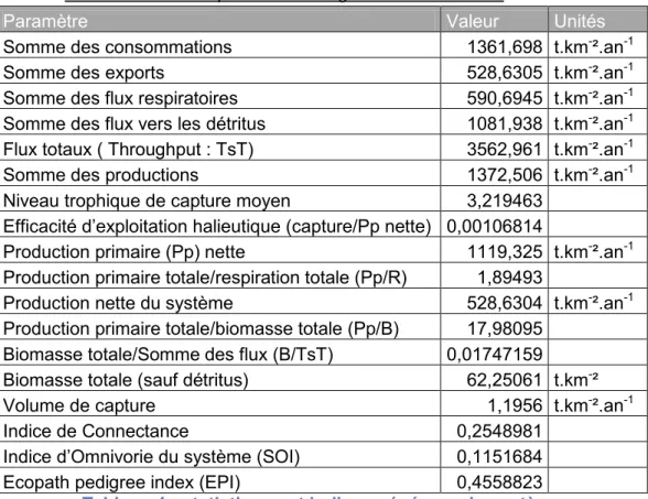 Tableau 4 : statistiques et indices généraux du modèle 