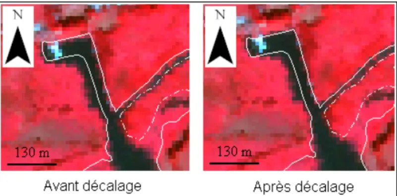 Figure 2.2 – Problème de calage de la couche vecteur sur l’image, illustration à Glénac (image SPOT5 en composition colorée fausse couleur et réseau hydrographique surfacique (2010) de la BD Topo de l’IGN en blanc)