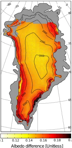 Figure 6. MCD43A3 BSA visible (0.3–0.7 µm) minus MCD43A3 BSA SW (0.3–5 µm) 2000–2013 JJA mean albedo (unitless) on the MAR grid