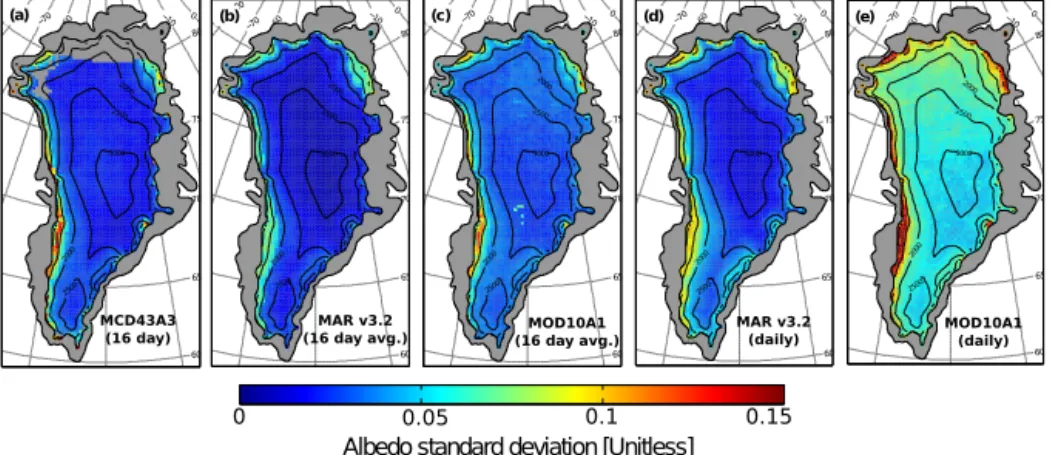 Figure 7. Standard deviation of JJA albedo (unitless) (2000–2013) for (a) MCD43A3 SW BSA (b) MAR v3.2 clear-sky 16-day averages (c) MOD10A1 16-day averages (d) MAR v3.2 clear-sky daily, and (e) MOD10A1 daily.