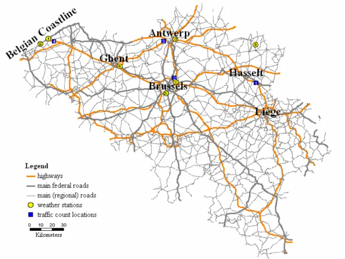 FIGURE 2  Representation of the traffic count locations and weather stations under study