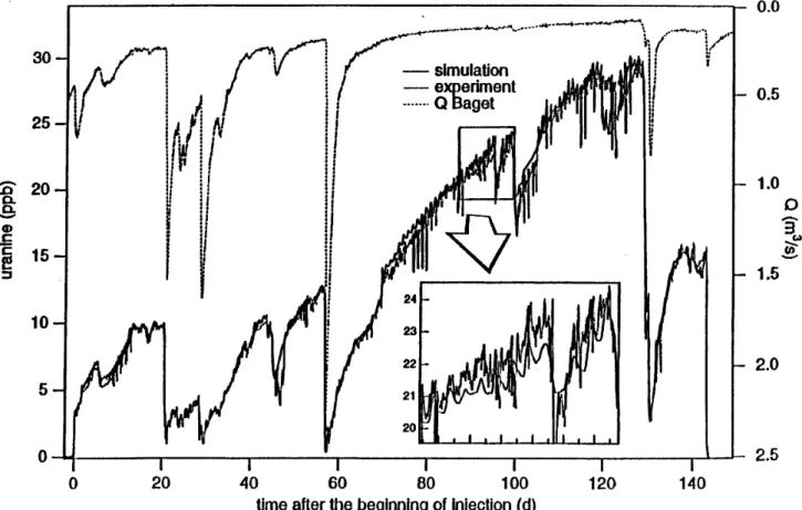 Fig. 5. Breakthrough curve of uranine at thé Baget spring compared with discharge and simulation with thé CONVOX model.