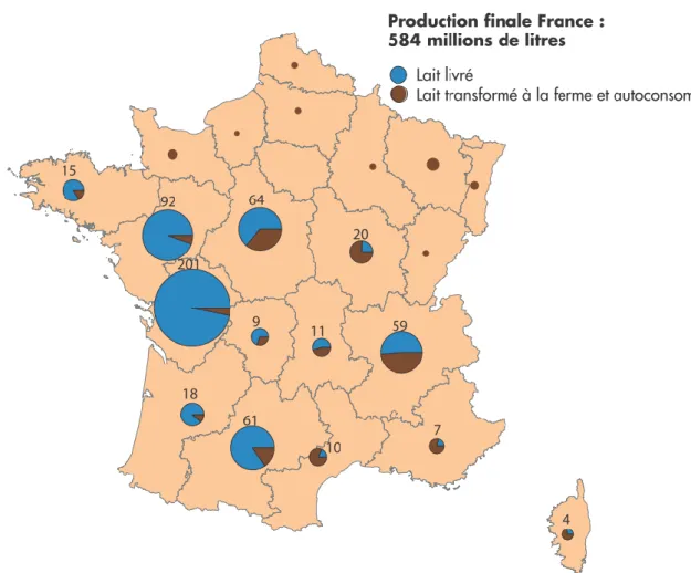 Figure  1 :  Répartition  de  la  production  de  lait  de  chèvres  en  France  en  2014    (Institut  de  l’élevage, 2015) 