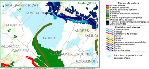 Figure 1 : Cartographie de la Trame verte et bleue sur le secteur de Guînes (source :  http://www.sigale.hautsdefrance.fr)