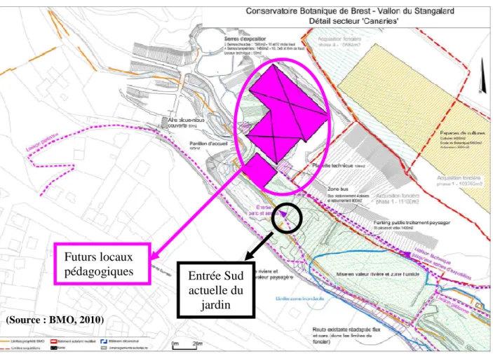 Figure 4 : Esquisse du projet de construction de nouveaux locaux pédagogiques dans la zone sud du jardin  du CBN de Brest (29) 