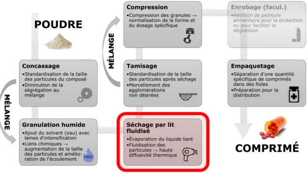 Figure 1.1 – Résumé d’un processus typique de granulation humide