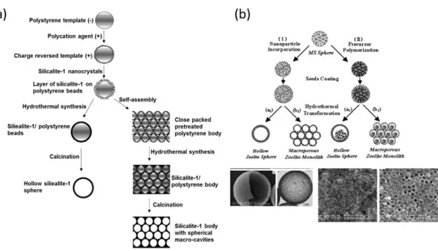 Figure 1.9- Schematic representation of the seeded growth technique to synthesize the core@shell  and hollow zeolites using (a) PS beads [133, 188] (Reprinted with permission from [133]