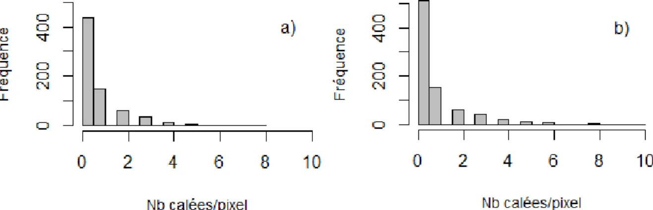 Figure 8 : Distribution de nombre de calées/pixel du 2 e  trimestre (a) et du 4 e  trimestre (b) de l’année 2002.