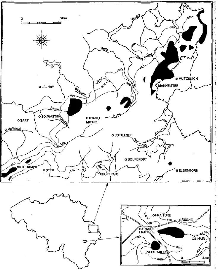 Fig.  2.  Localisation  des  zones  où  sont  connues  en  Belgique  des  traces  de  buttes  périglaciaires.