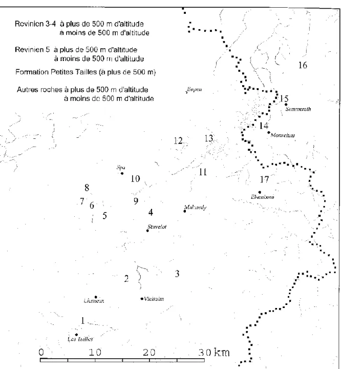 Figure 1 : Traces de lithalses, géologie et altitude dans l’est de la Belgique.  