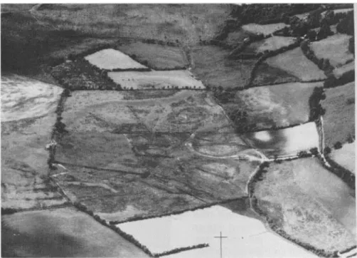 Figure 1. Photo des dépressions fermées décrites par A. Pissart (1963) près de Llangurig au Pays de Galles,  au fond d’une vallée glaciaire (Cambridge University, Collection of air photographs)
