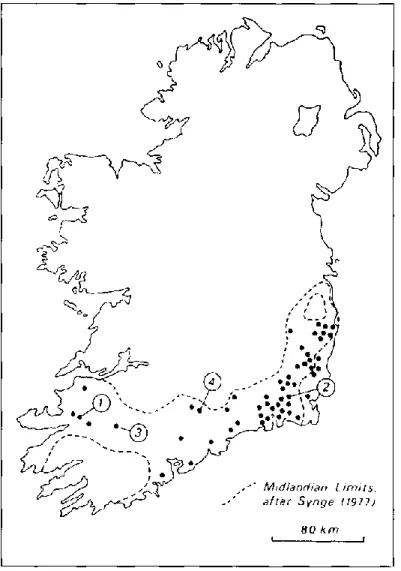 Figure  2.  Localisation  des  "pingo  remnants”  en  Irlande  d’après  Coxon  et  O’Callaghan  (1987)