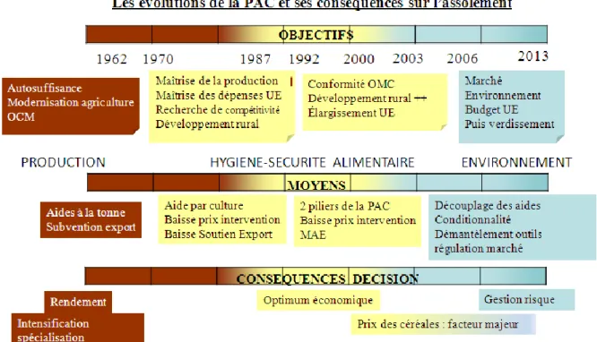 Figure  3  :  résumé  sur  la  PAC,  ses  objectifs  et  des  conséquences  de  1962  à  2013,  données  bibliographiques et Arvalis 