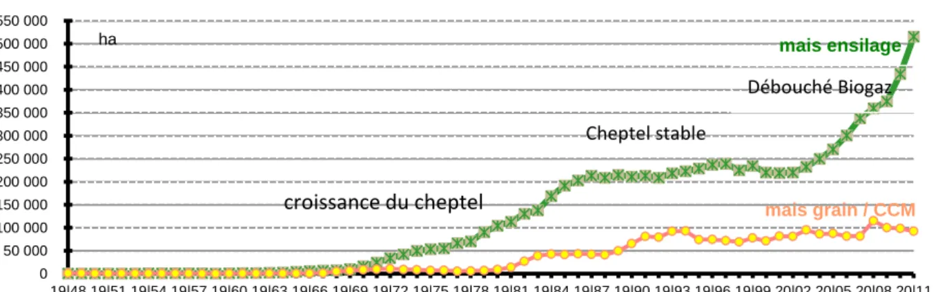 Figure  7  :  évolution  des  surfaces  en  maïs  ensilage  et  en  maïs  CCM    en  Basse-Saxe  de  1948  à  2011,  commenté  par  les  facteurs  historiques  principaux,  données  Landesbetriebes  für  Statistik  und  Kommunikationstechnologie Niedersach