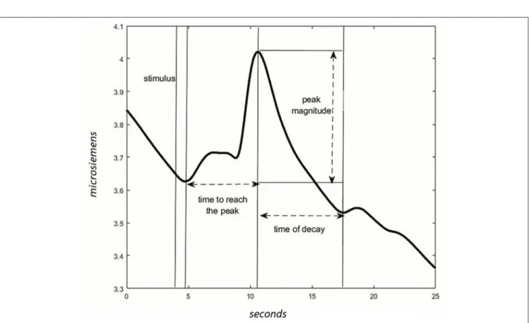 FIGURE 4 | Characteristics of the wave in the GSR signal. After the stimulus, the time to reach the peak of max magnitude is calculated