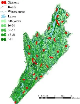 Figure 1. Study area. Red marks denote de location of the 30 sites where birds were caught  and banded