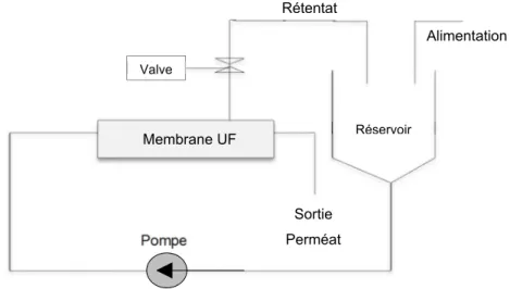 Figure 4 : Comparaison des technologies baromembranaires  Source : adapté de (30) Pompe Valve RéservoirRétentat Alimentation Sortie PerméatMembrane UF 