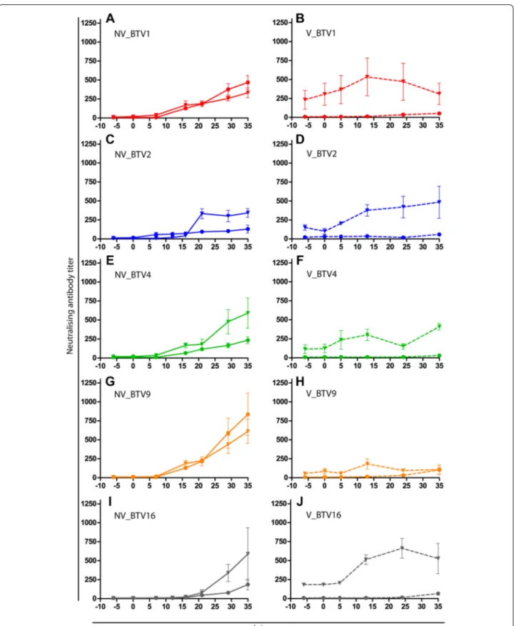 Figure 3  Evolution of neutralising antibodies titres against BTV8 and homologous inoculated serotypes