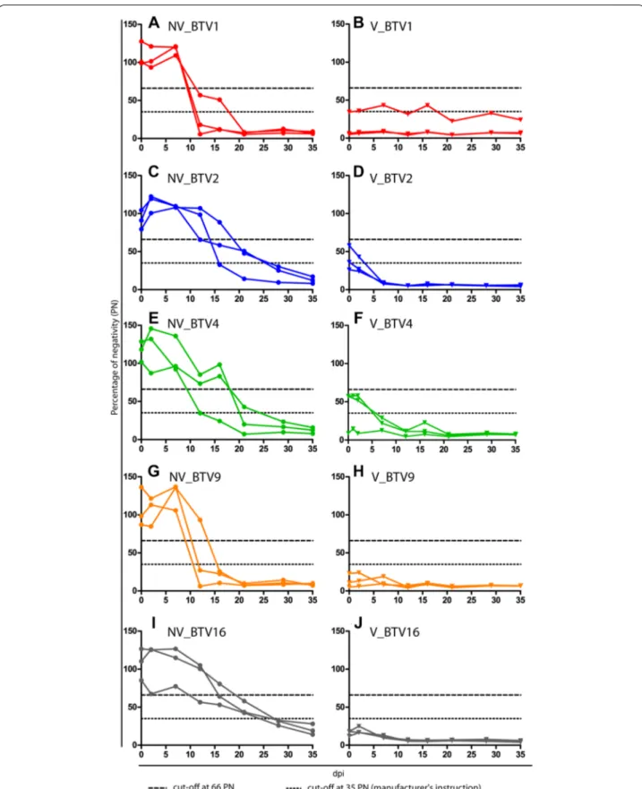 Figure 4  Evolution of serogroup specific antibodies. The results are presented for each animal as the percentage of negativity (PN) obtained  in the competitive ELISA