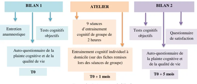 Figure 2 : Présentation de l’étude  Entretien anamnestique BILAN 1 Tests cognitifs objectifs Auto-questionnaire de la plainte cognitive et de la qualité de vie 9 séances d’entrainement cognitif de groupe de 2 heures  