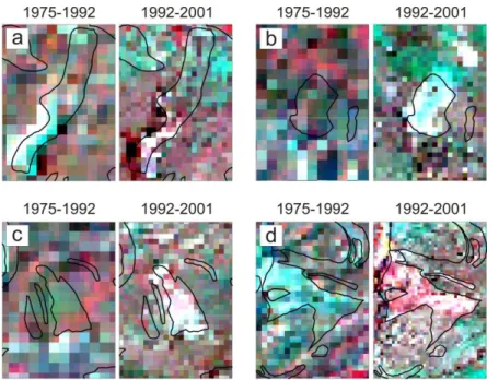 Figure AF.37: Examples of the landslide activity detection applying the pseudo-images of reflectance value  change  (the  detection  is  based  on  the  colour  contrast  separating  the  active  landslide  from  stable  surroundings)