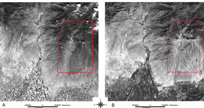 Figure AF.40: The SPOT-4 images applied for the stereocoverage in the target area: (a) 20 May, 2000 and  (b)  31  August,  2000  (the  area  of  the  DEM  generation  is  marked  by  a  red  rectangle  -  by  Danneels  et  al.,  2006)