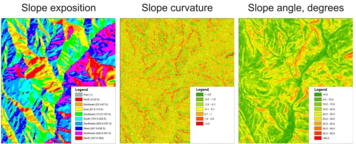 Figure  AF.43  presents  the  results  of  automatic  mapping  of  main  geomorphological  features  (slope  exposition, slope curvature and slope angle) performed in the ArcGIS software (Spatial Analyst extension)
