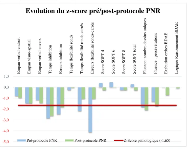 Figure 1. Evolution des performances cognitives pour les PNR pré/post-protocole  La figure 2 présente les résultats de PR1