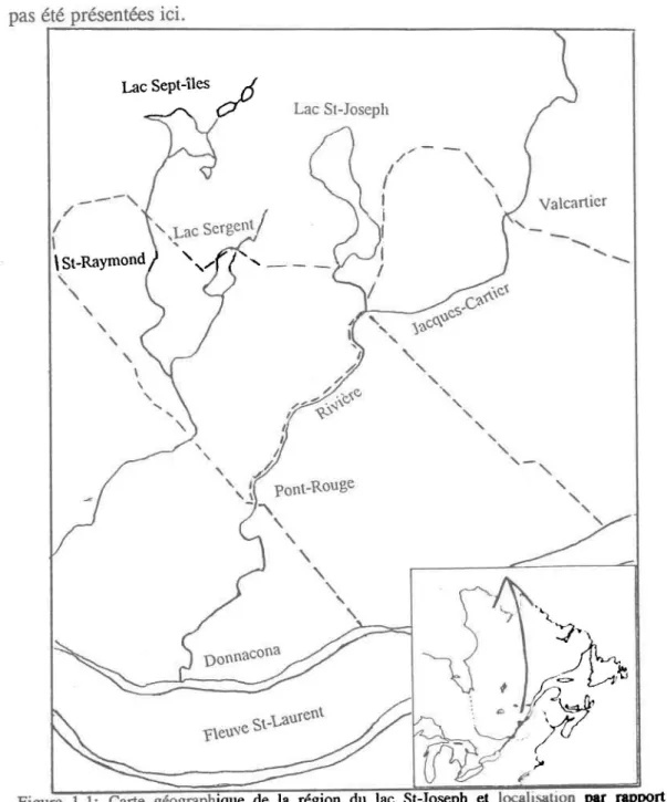 Figure  1.1:  Carte  géographique  de  la  région  du  lac  St-Joseph  el  locahSillion  par  rapport  à  la  province de Québec (en médaillon)