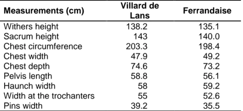 Table 4.3:  Results of the measurements in Villard de Lans (2008) and Ferrandaise (2010)  Measurements (cm)  Villard de  Lans  Ferrandaise  Withers height  138.2  135.1  Sacrum height  143  140.0  Chest circumference  203.3  198.4  Chest width  47.9  49.2 