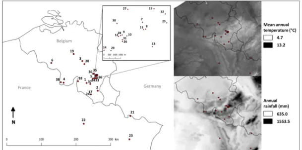 Figure 1. Site location and climatic gradient (mean annual temperature an annual rainfall) in the study area