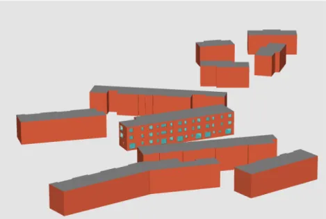 Figure  5.  View  of  the  3D  model  of  the  neighborhood  in  the  “density  +”  (horizontal  density)  configuration as presented in the Pleiades software (openings only appear on the selected building). 