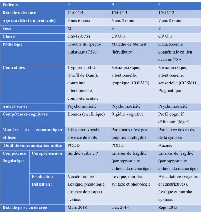 Tableau 1 : Patients participant à l'étude 