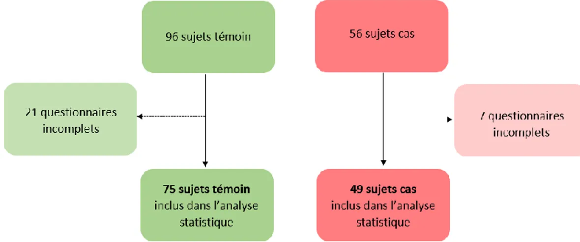 Figure 2 : Répartition des sujets inclus dans l'analyse statistique de l'étude La totalité des résultats se trouve dans un tableau en Annexe 3