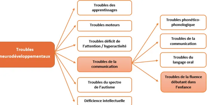 Figure 1 :  Classification des troubles de la fluence dans l’enfance au sein des TND, selon le DSM V 