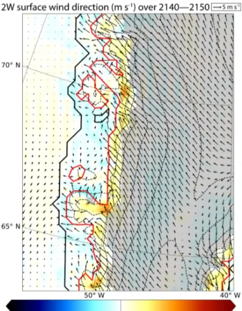 Figure 9. Surface wind speed difference (shaded) between the NF and the 2W experiments for the 2140–2150 mean period