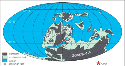figure 1:  The Devonian world  (After  Boulvain  &amp;  Wood,  2007).