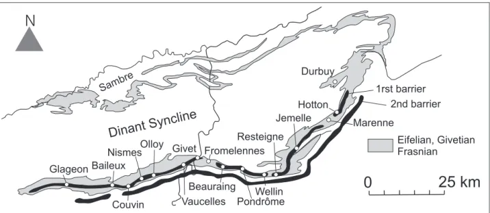 figure 16: Hypothetical extension of the two Givetian reef barriers from the Trois-Fontaines Formation: the « premier biostrome »  from the base of the Trois-Fontaines Formation (first barrier) and the barrier responsible for the development of the lagoona