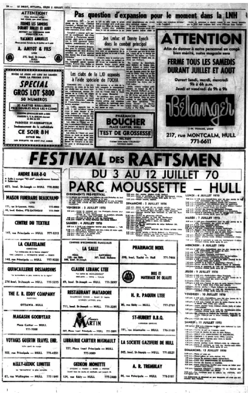 Illustration 1 : Programmation du Festival des Raftsmen en 1970  s.a., « Programmation », Le Droit, 2 juillet 1970, p.24 