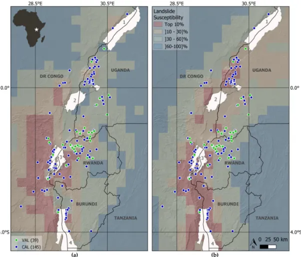 Figure 1. Landslide susceptibility at 0.25° resolution, derived from (a) the continental-scale model of  [45] and (b) the regional-scale model of [49], and distribution of dated and localized landslide events  in the western branch of the East African Rift