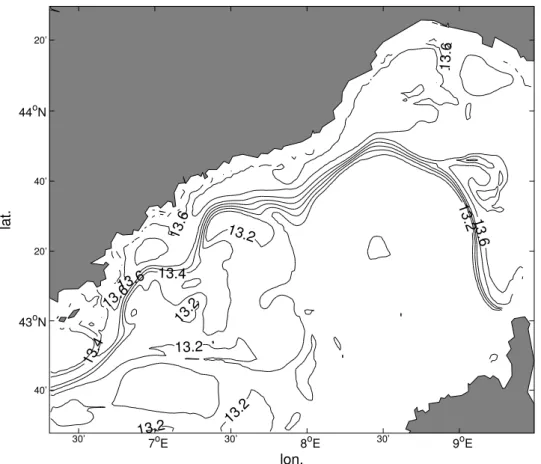 Figure 3.9: Temperature (in ◦ C) at 200 m for 20 April 1998 and meandering structures of the LIW vein.