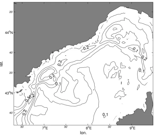 Figure 3.10: Standard deviation of temperature (in ◦ C) at 200 m. The high variability of the NC at 43 ◦ 10’N and 7 ◦ 30’E might be due to topographic interactions.