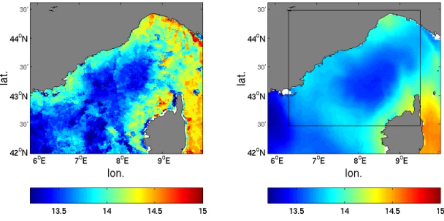 Figure 3.13: Remotely sensed SST (AVHRR) and model SST (in ◦ C) for 23 March 1998 the Ligurian Sea by avoiding the open boundary problem