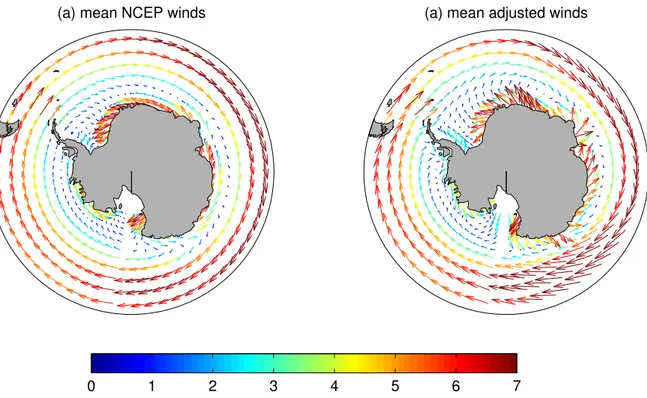 Figure 4: The mean NCEP wind vector (panel a) and the mean adjusted wind (panel b) averaged over the period from 1985 to 2006