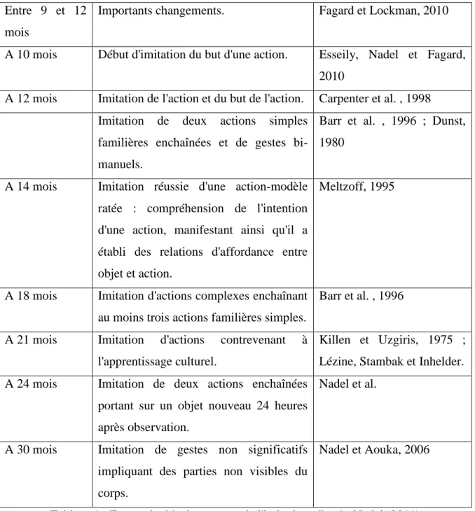 Tableau 1 : Etapes du développement de l'imitation, d'après Nadel (2011)  3.2 De l'oralité primaire à la praxie de mastication 