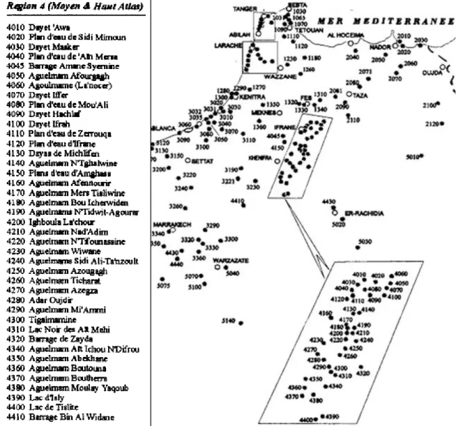 Figure 1.2  Carte des sites de dénombrement d’oiseaux d’eau au Maroc, avec 