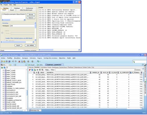 Figure 6. Importing CityGML file using the 3D City Database Import/Export Tool and visualization with Oracle