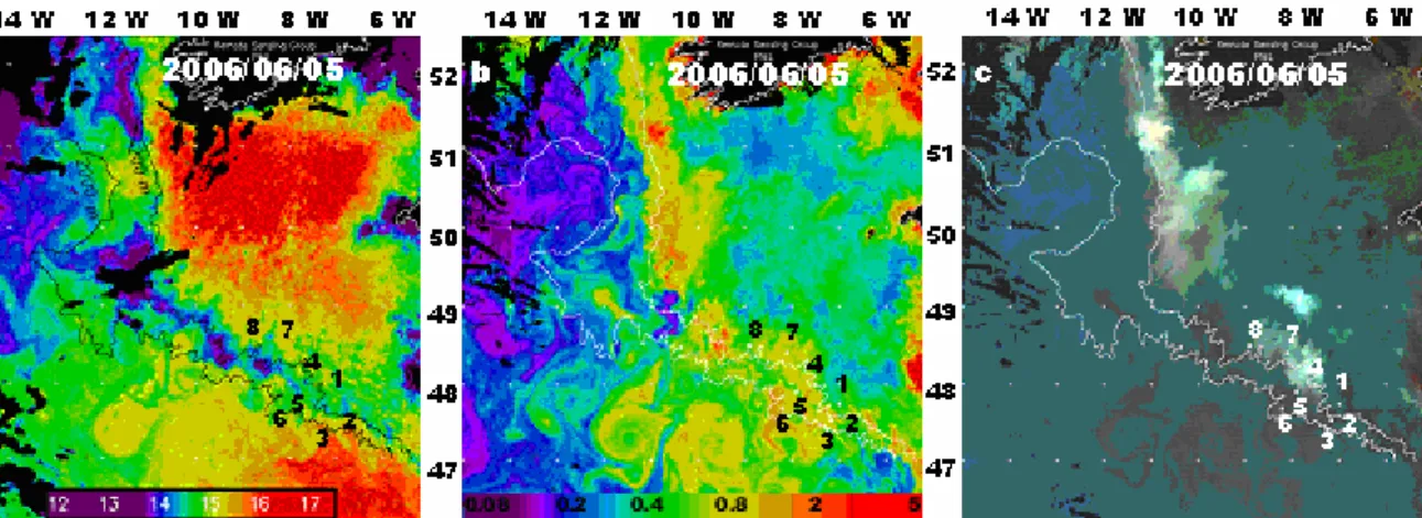 Figure 1. a- AVHRR sea surface temperature (SST) in the northern Bay of Biscay, showing the location of the  stations, the 200 m and 2000 m isobaths, b- MODIS chlorophyll-a (Chl-a) and c- Reflectance satellite images.