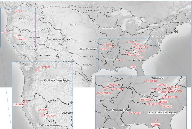 Figure 2 – Localisation et identification des 20 bassins versants sélectionnés du projet MOPEX  Tableau 2 – Caractéristiques hydroclimatiques des 20 bassins versants étudiés, établies à partir des données 
